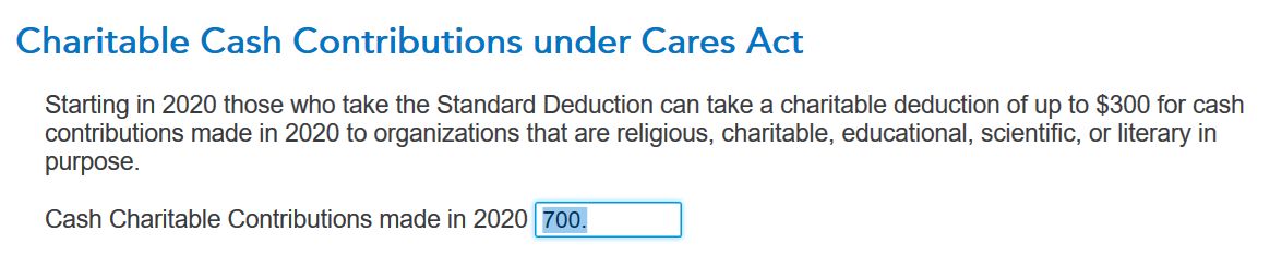 TurboTax 2020 CARES Act $300 Charity Donation Deduction
